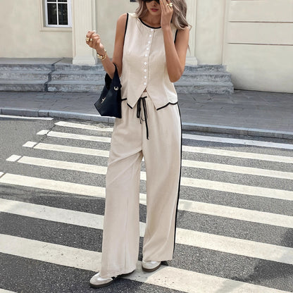 Summer  Export Women's Sleeveless Single-breasted Vest and Drawstring Pants Set