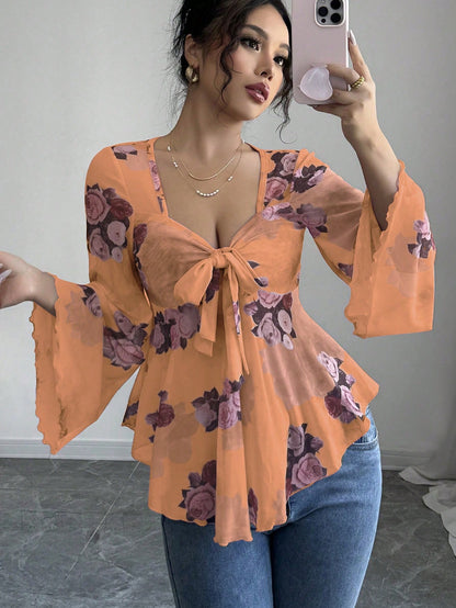 Sweet Floral Ombre Tie-Back Square Neck Long Sleeve Blouse