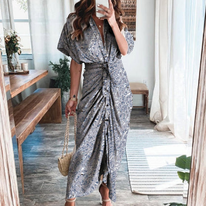 Women Summer Elegant Button Ruched Bandage Shirt Dress Fashion Casual Short Sleeve Solid V Neck Beach Maxi Dress
