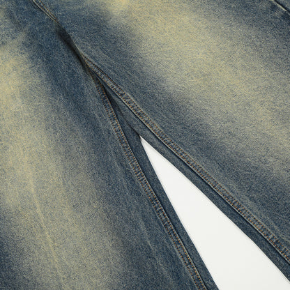 Color blocked yellow mud dyed washed denim jeans