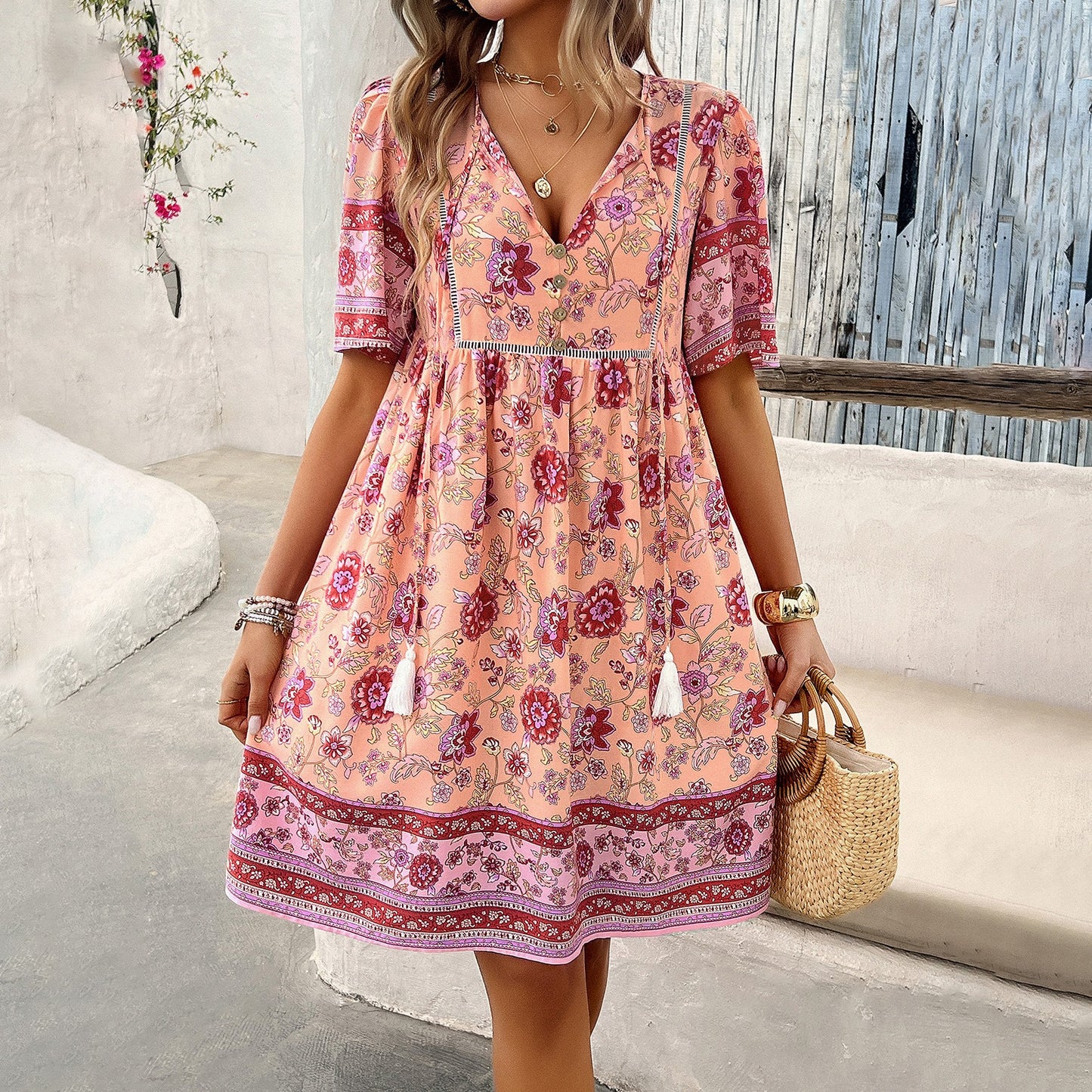 European and American women's spring/summer casual vacation printed short sleeved dress