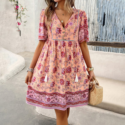 European and American women's spring/summer casual vacation printed short sleeved dress