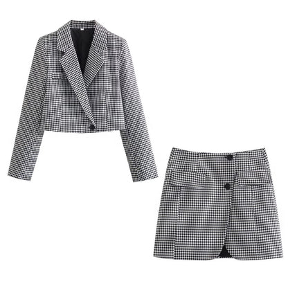 Women's Short Plaid Suit Jacket + Skirt Set