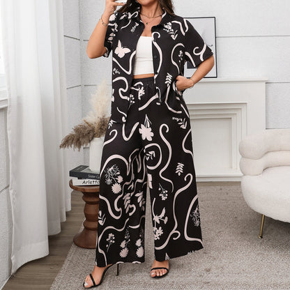 Women's Plus Size Printed Loose Short Sleeve Cardigan and Wide Leg Pants Set