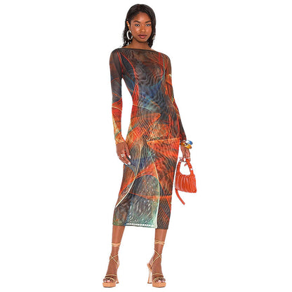 Jurk met print mesh open rug en lange mouwen