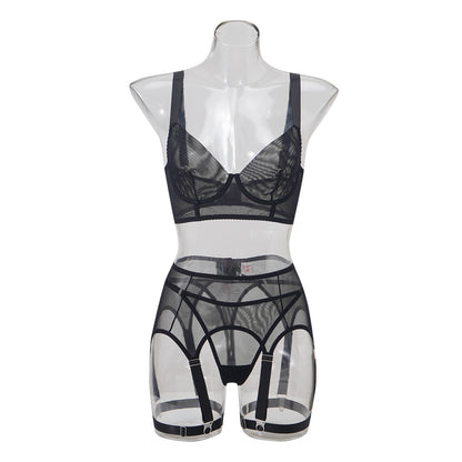 Breathable mesh see through sexy lingerie split set for women
