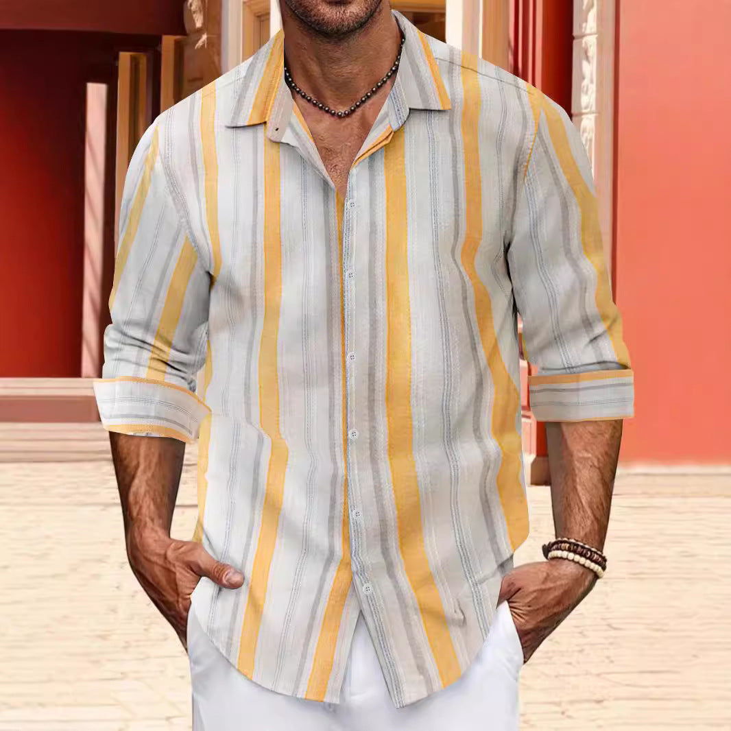 Color woven striped cotton linen button men's lapel long sleeved shirt