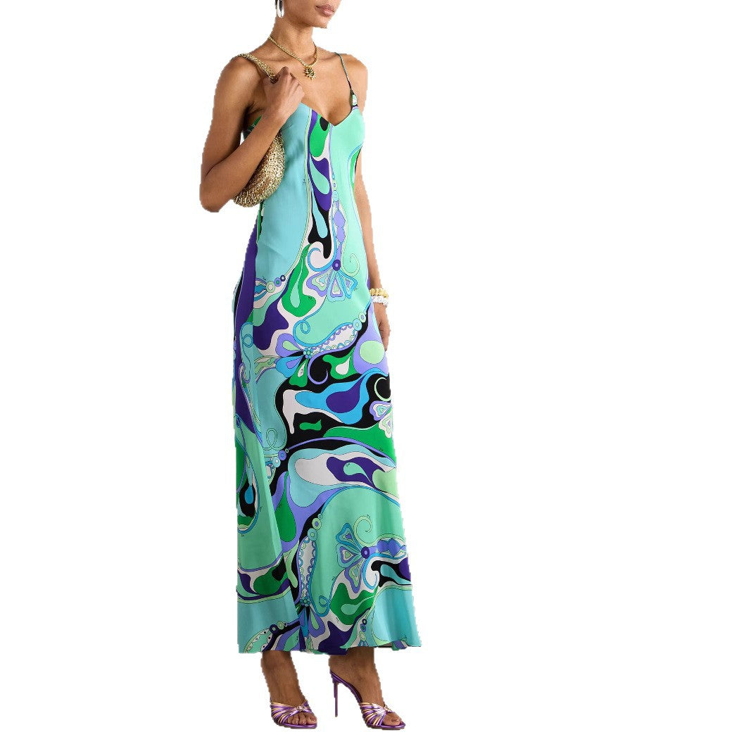 Elegant Satin Printed Sexy Strapless Slit Dress