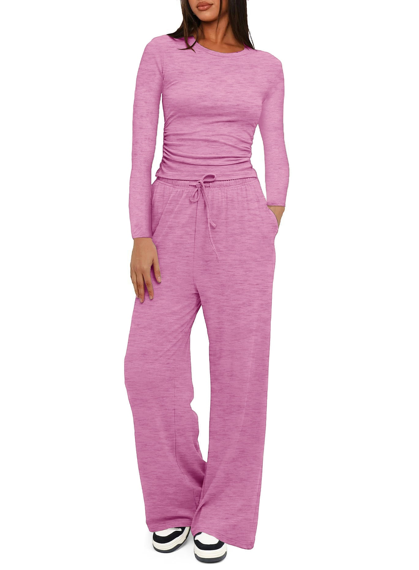 Casual Solid Color Long Sleeve Top & High-Waisted Wide Leg Pants Set Sportswear