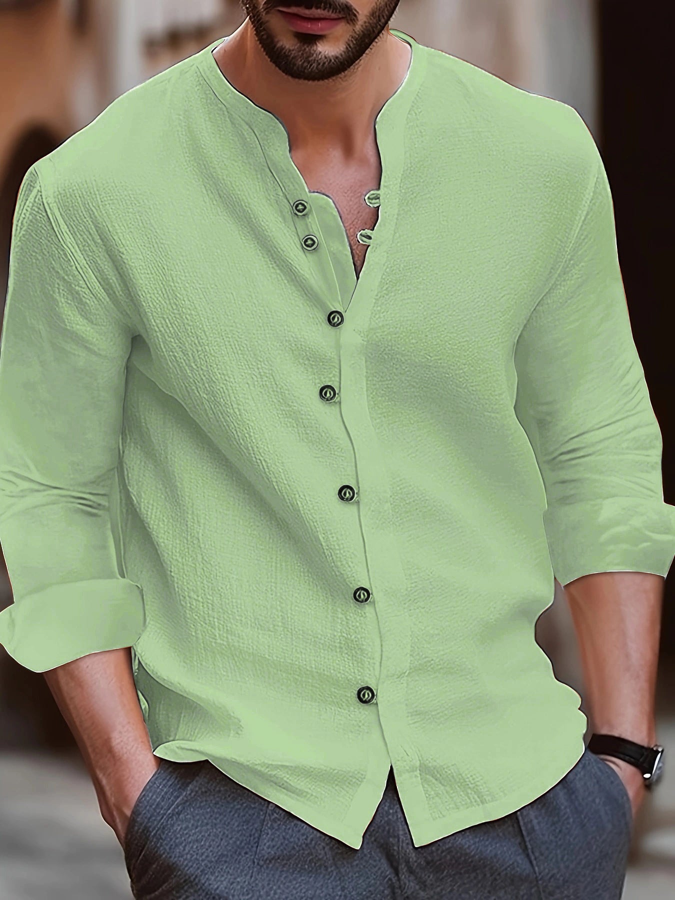 Men's retro cotton and linen casual loose long sleeved shirt