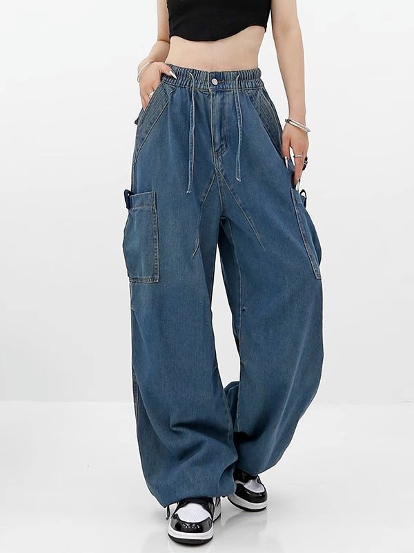 Blue Bandage Elastic Pockets Wide Leg Jeans High Waist New Loose Women Trousers Fashion Tide Spring Autumn