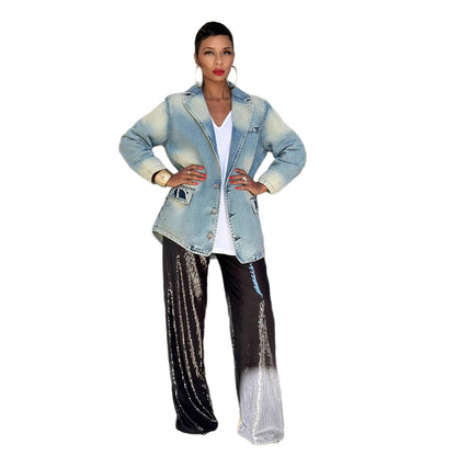 Vintage Distressed Washed Denim Blazer Jacket Coat