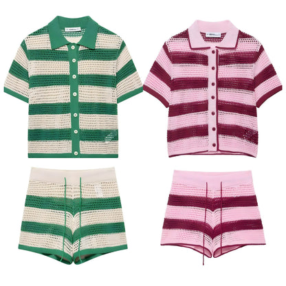 Knitted polo shirt jacket+shorts set