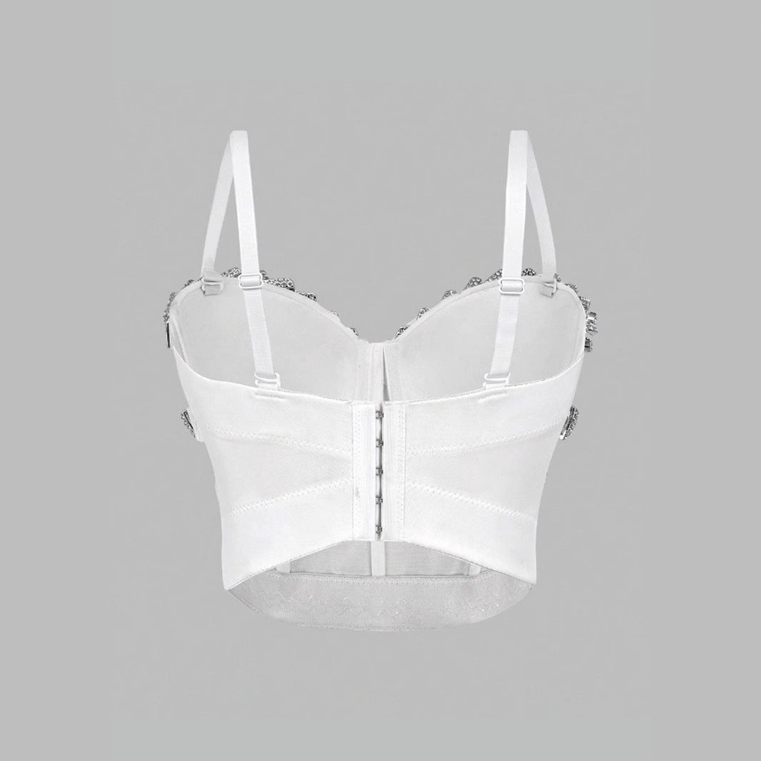 White Strapless Camisole Gathered Beaded Rhinestone Bustier Innerwear