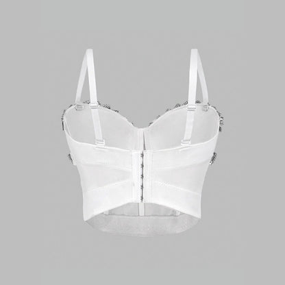 White Strapless Camisole Gathered Beaded Rhinestone Bustier Innerwear