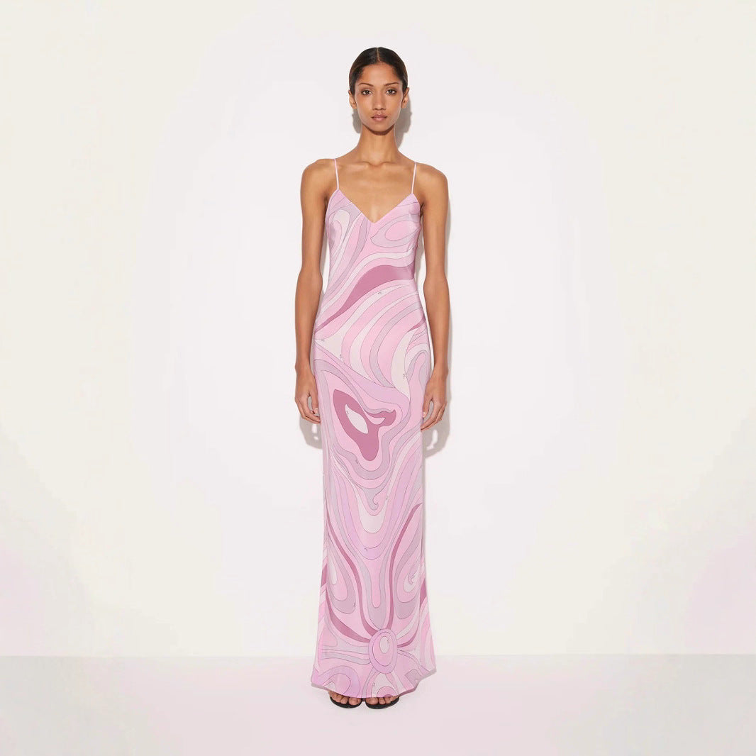 Elegant Satin Printed Sexy Strapless Slit Dress