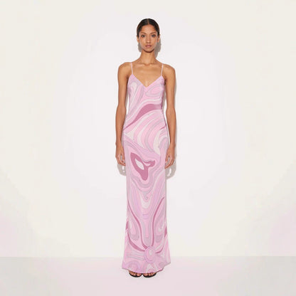 Elegant Satin Printed Sexy Strapless Slit Dress