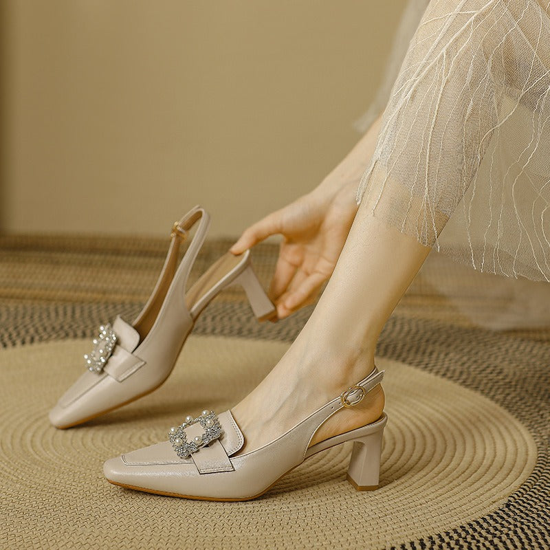 Genuine leather style square toe back empty single shoes with thick heels and one line buckle high heels