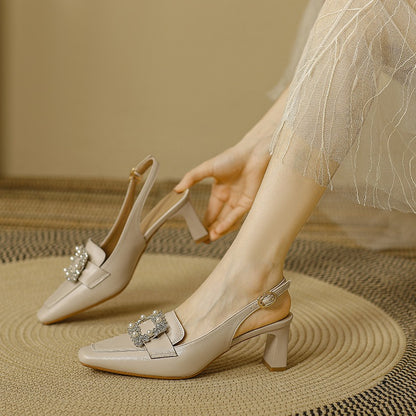 Genuine leather style square toe back empty single shoes with thick heels and one line buckle high heels