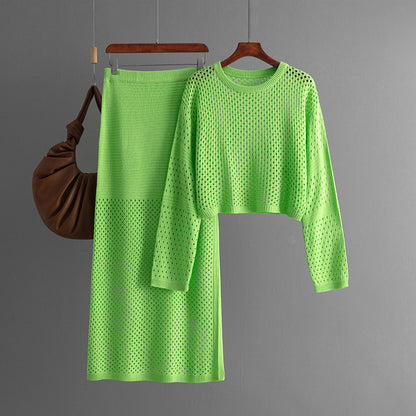 New summer women's hollow knitted sweater long skirt fashion two-piece dress set