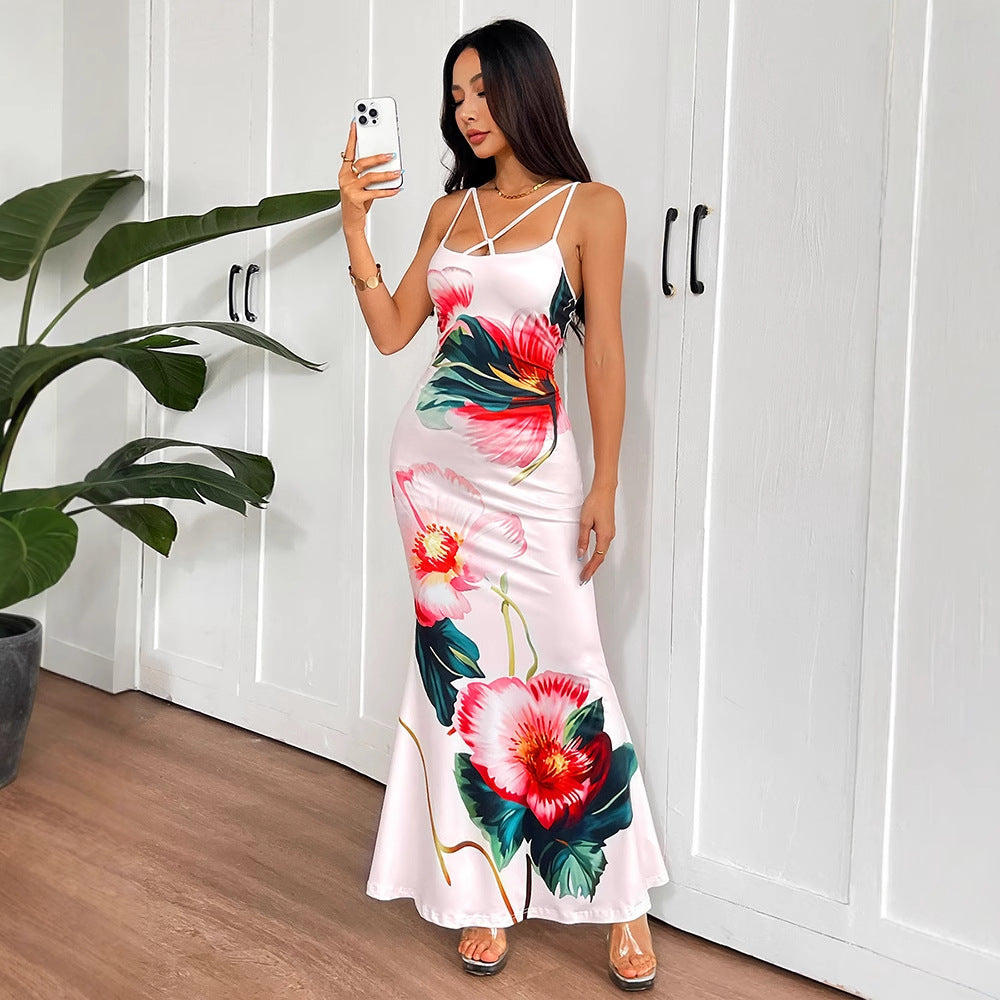Strap backless floral print sexy jumpsuit long skirt