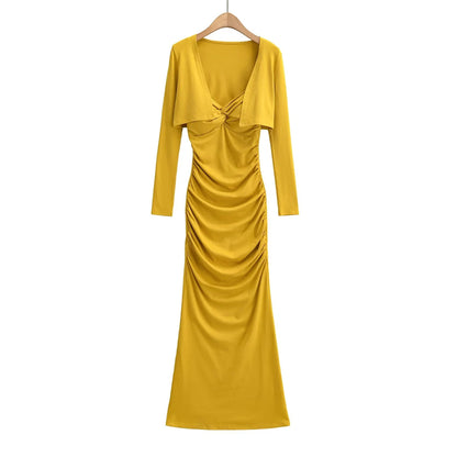 Vintage Sexy Knot Pleated Long Dress Design Slim Fit Bodycon Padded Dress with Cardigan Two-Piece Set