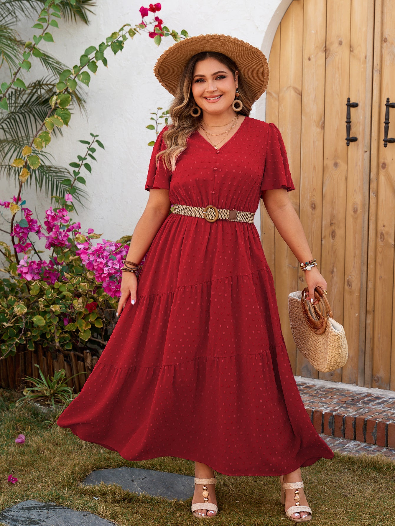 Self-developed Solid Color Short Sleeve Dress Casual Loose Plus Size V-neck Long Dress