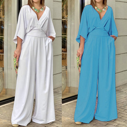 Wide leg pants with loose sleeves V-neck cinched waist pocket jumpsuit