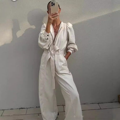 European and American vacation style lantern sleeves, long sleeves, zipper ties, wide leg jumpsuit, long pants