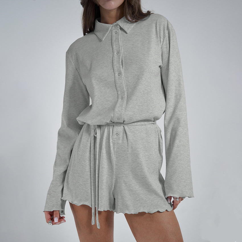 Sports Style Long Sleeve Top and Shorts Set for Women, Design Sense Casual Leisure Anti-Striped Jumpsuit