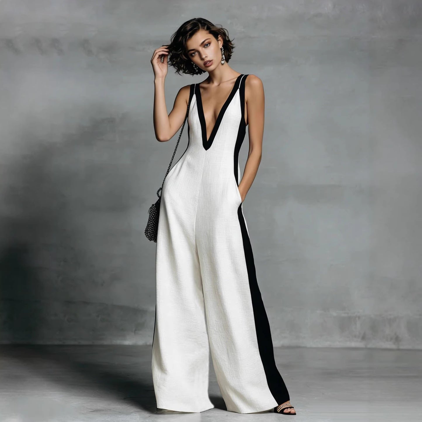 Fashion Color-block Sleeveless V-neck Wide-leg Jumpsuit for Women