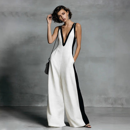 Fashion Color-block Sleeveless V-neck Wide-leg Jumpsuit for Women