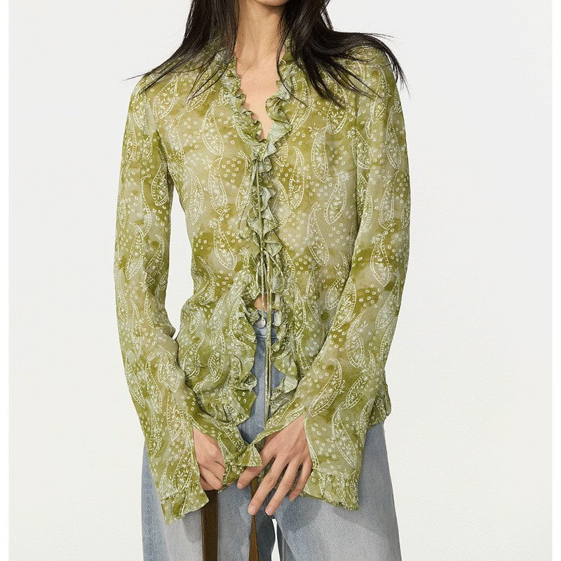 Sagestu Floating Green Ink Washed Paisley Long Dress Shirt Elegant Fashion Set Women's Designer Outfit