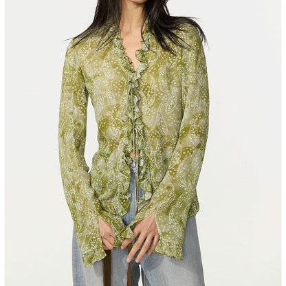 Sagestu Floating Green Ink Washed Paisley Long Dress Shirt Elegant Fashion Set Women's Designer Outfit