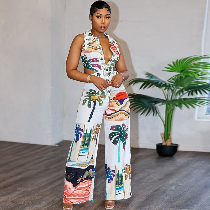 Casual vakantiejumpsuit voor dames met V-hals halternek open rug knopen en wijde pijpen