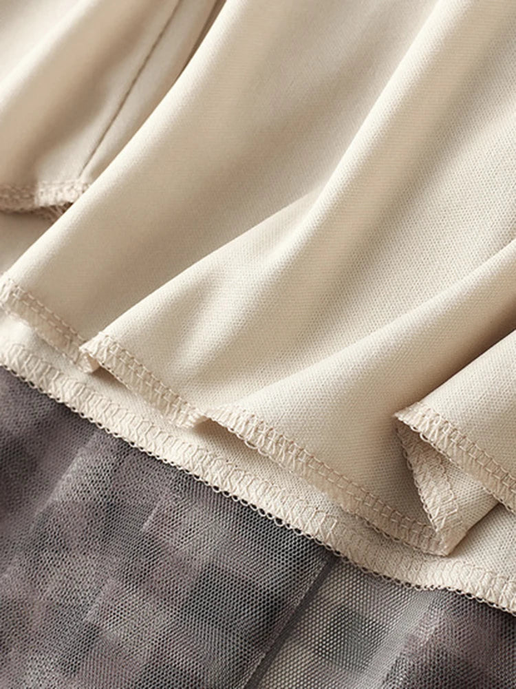 Qooth Women Patchwork Plaid Mesh Skirt Vintage High Waist Long Tulle A-line Skirt For Spring Summer