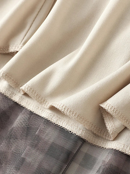 Qooth Women Patchwork Plaid Mesh Skirt Vintage High Waist Long Tulle A-line Skirt For Spring Summer