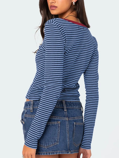 Color blocking striped knitted sweater women's summer top button slim fit shoulder t-shirt