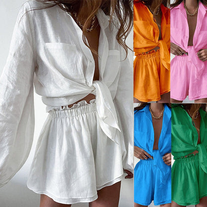European and American casual summer solid color lace-up suit tops and shorts two-piece set