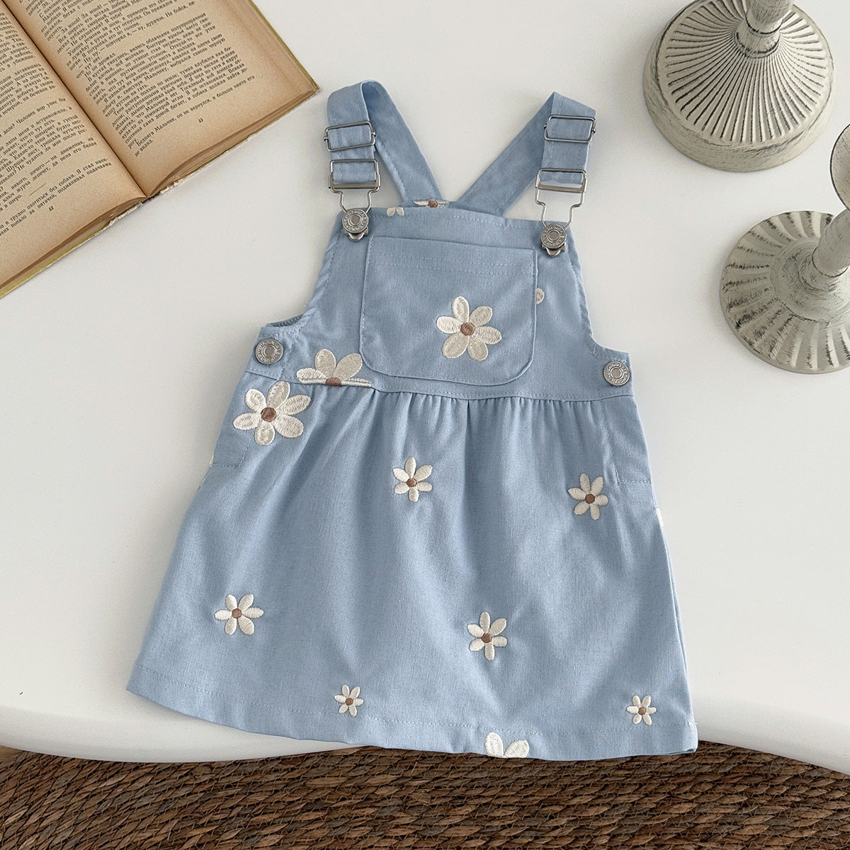 Cute Floral Embroidery Overall Dress Blue Princess Style