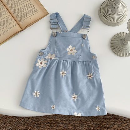 Cute Floral Embroidery Overall Dress Blue Princess Style