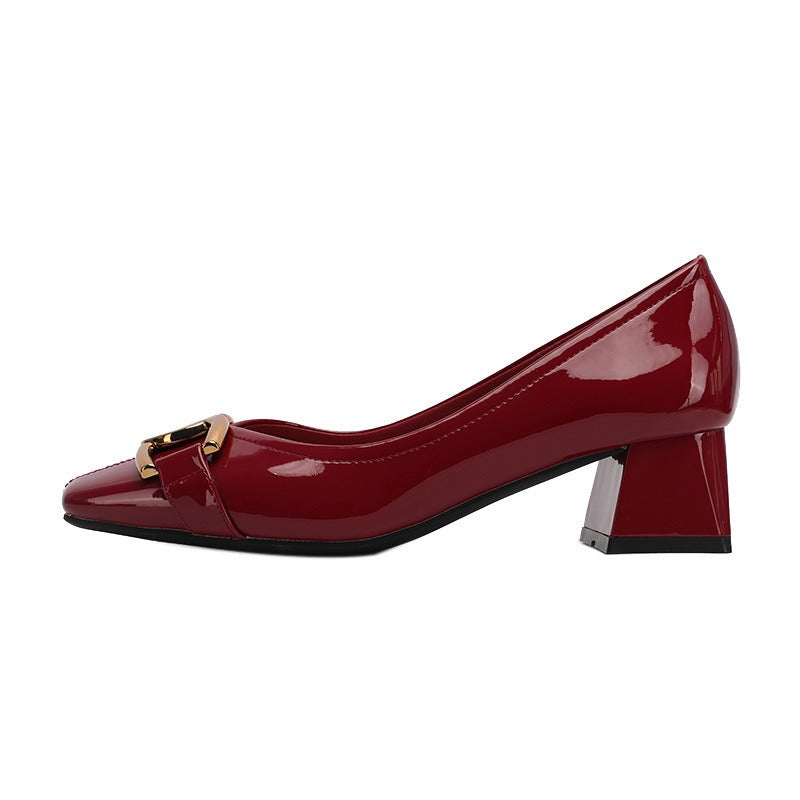 332-8 Sheepskin Square Head High Heels Ladies Thick With French Retro Patent Leather Metal Autumn High Heels