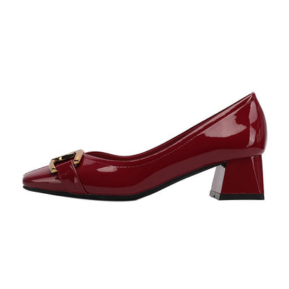 332-8 Sheepskin Square Head High Heels Ladies Thick With French Retro Patent Leather Metal Autumn High Heels
