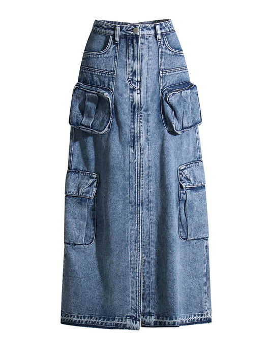 Multi Pockets High Waisted Jeans Long Skirts for Women New Fashion Spring Autumn Streetwear A-Line Denim Maxi Skirt Female