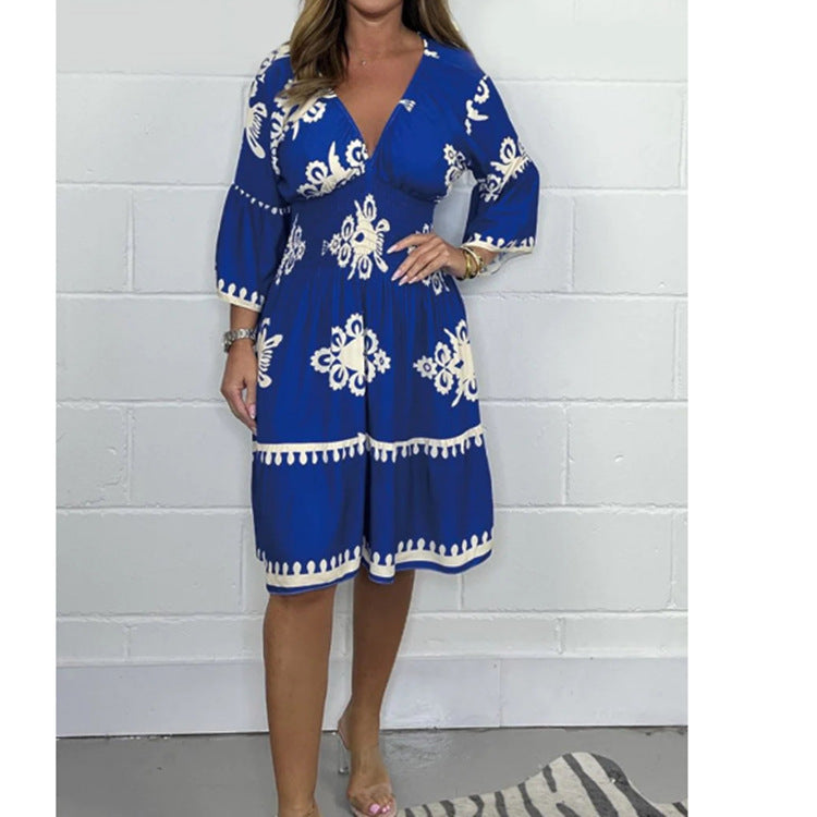 Elastic waist summer printed seven quarter sleeve dress