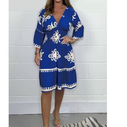 Elastic waist summer printed seven quarter sleeve dress