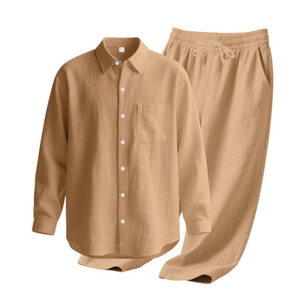 Linen solid color lapel buckle casual long sleeved pants men's suit