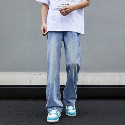 Washed blue semi elastic micro flared jeans