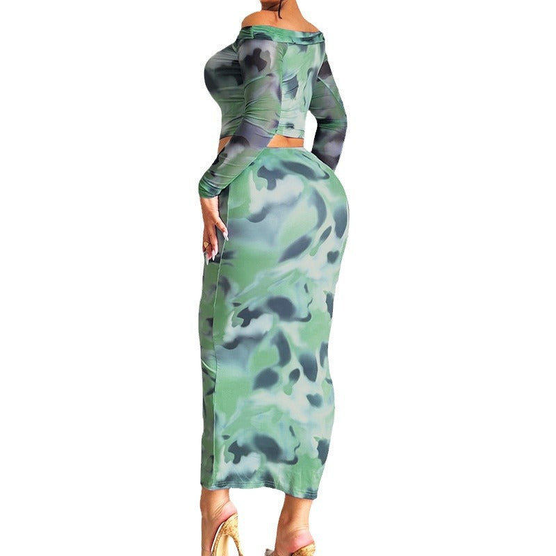 Long Sleeve One-Shoulder T-Shirt Slim Fitted Skirt Set for Women