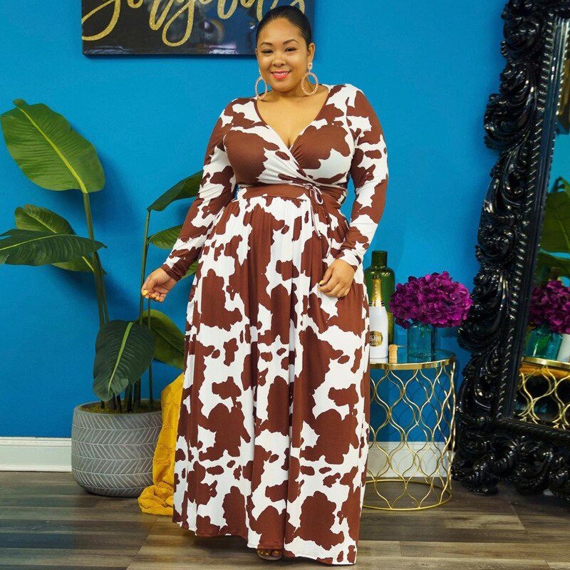 Modieus bedrukte wikkel maxi-jurk met lange mouwen zakken en hoge taille plus size